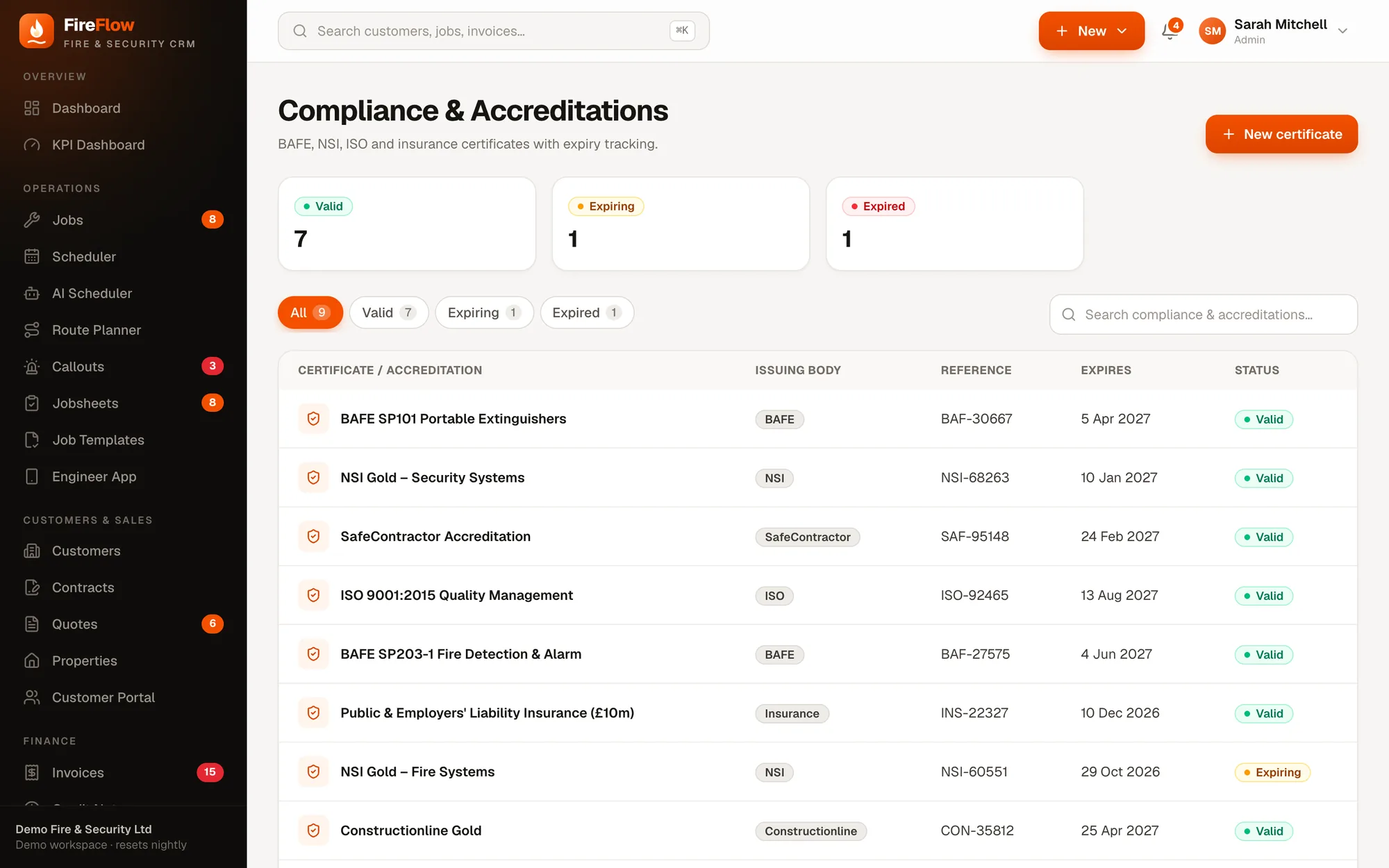 Accreditations screen in FireFlow