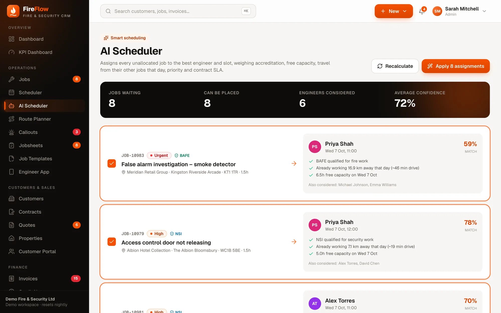 AI Scheduler suggesting an engineer and time for each unassigned job, with reasons and a confidence score