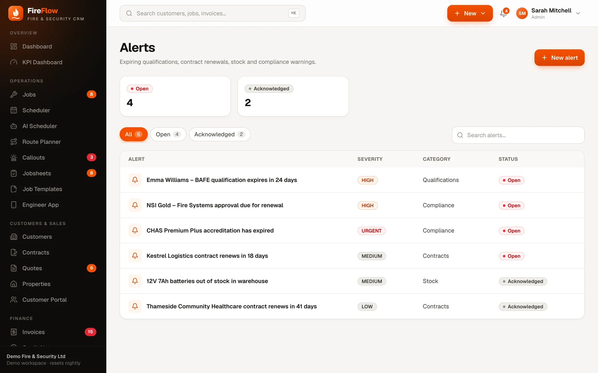 Alerts screen in FireFlow