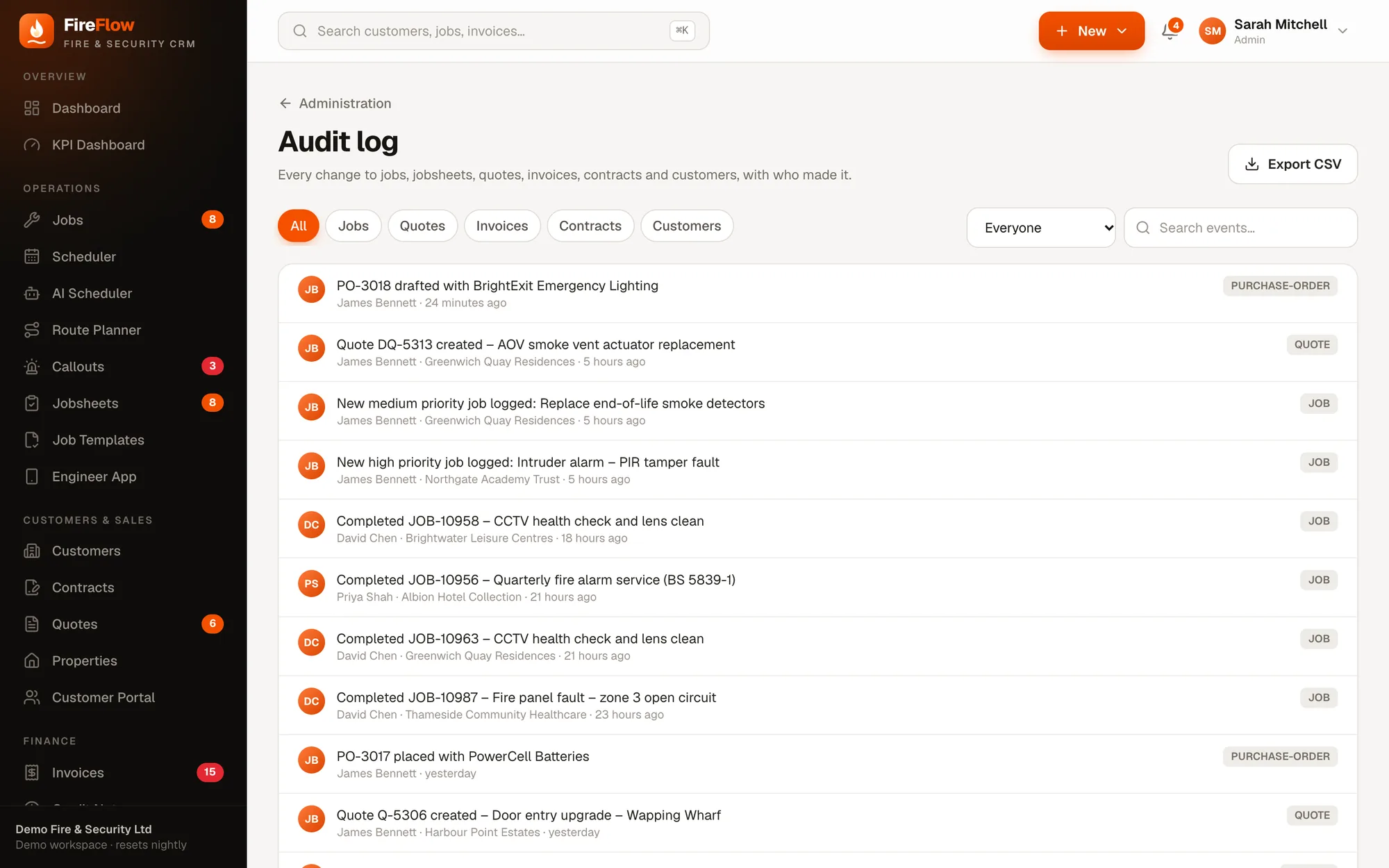 Audit log screen in FireFlow