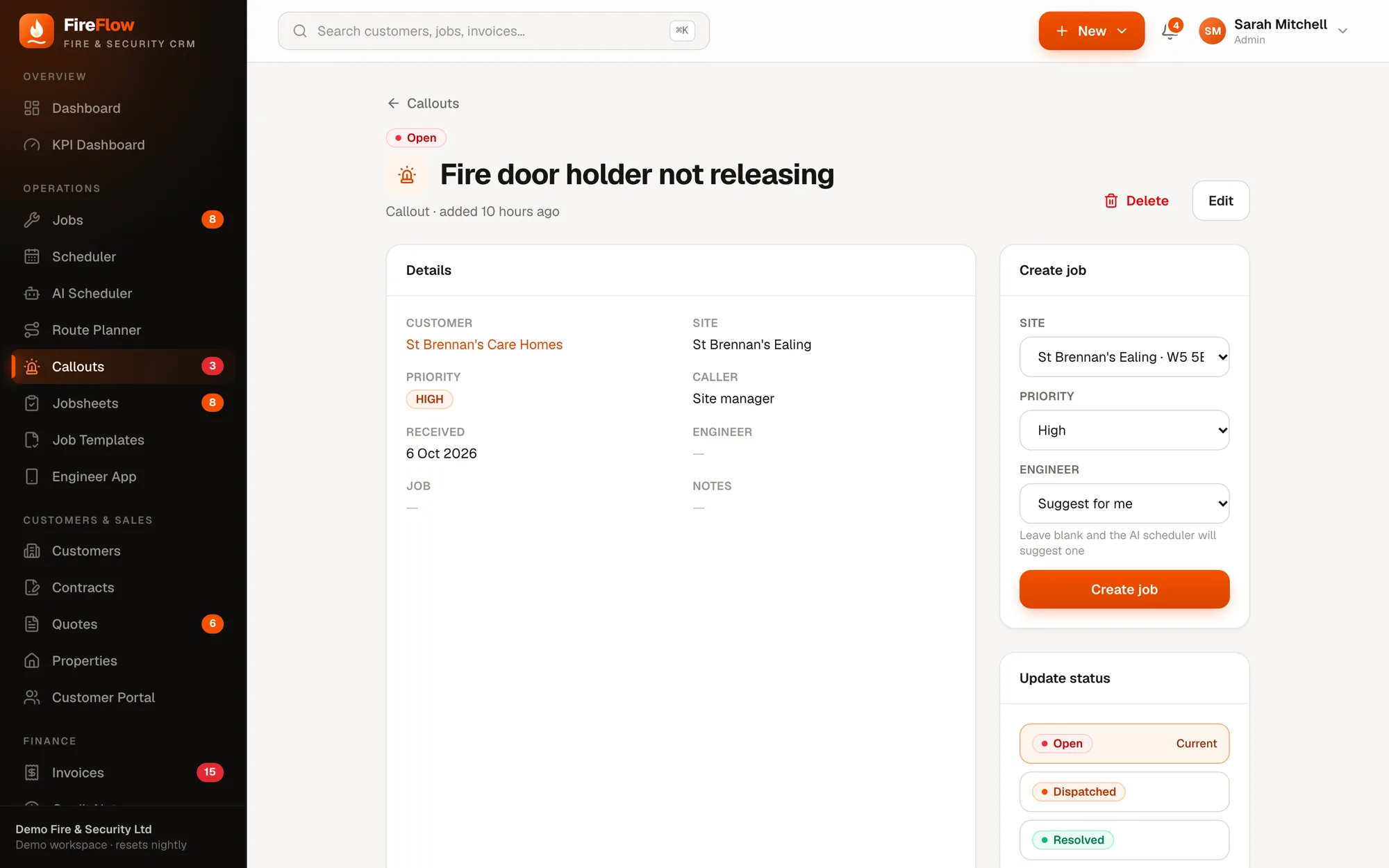 Callout 'Fire door holder not releasing' with the Create job panel