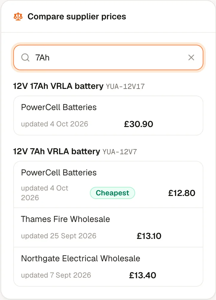 Compare supplier prices screen in FireFlow