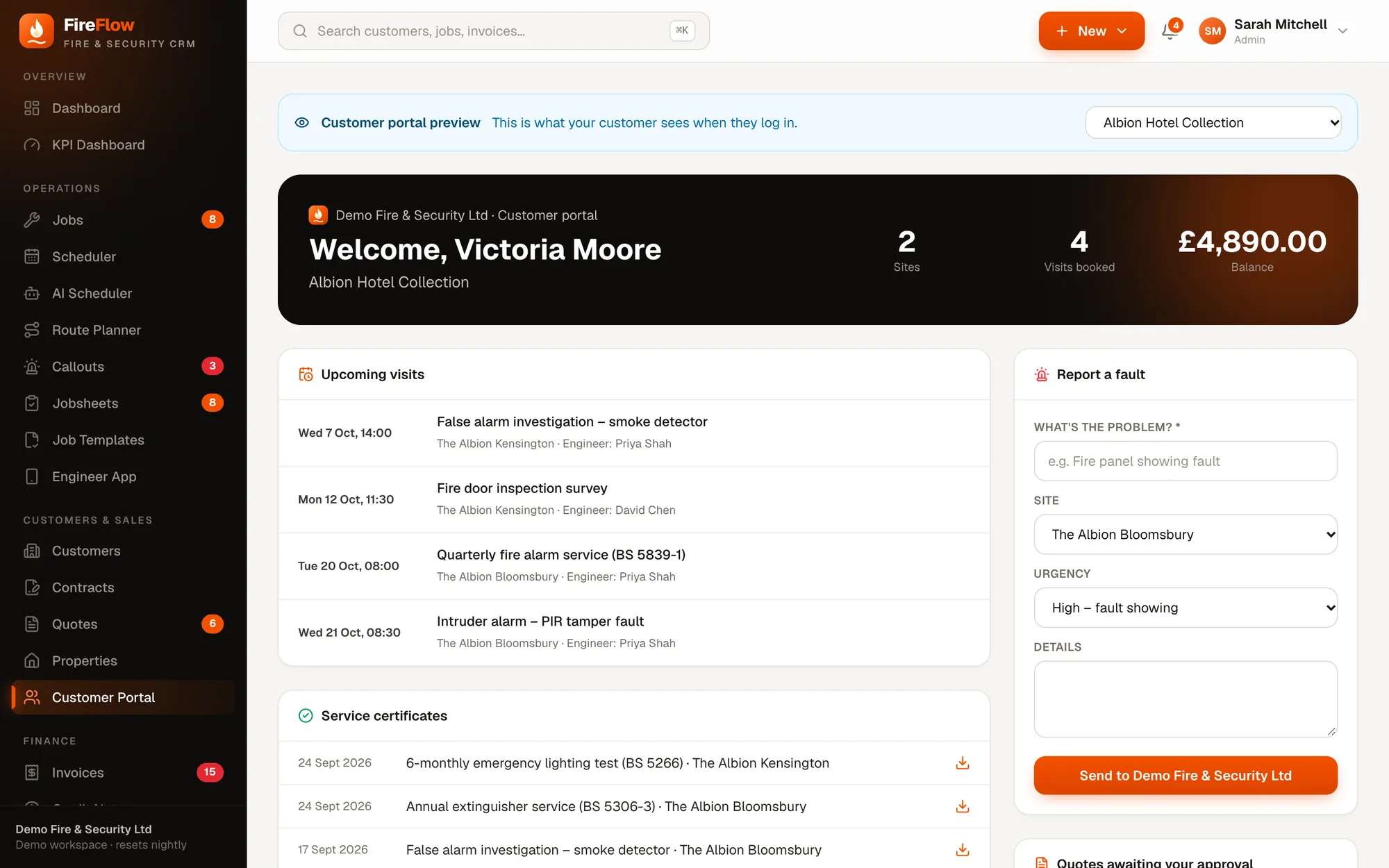 Customer portal preview with upcoming visits, report a fault and certificates