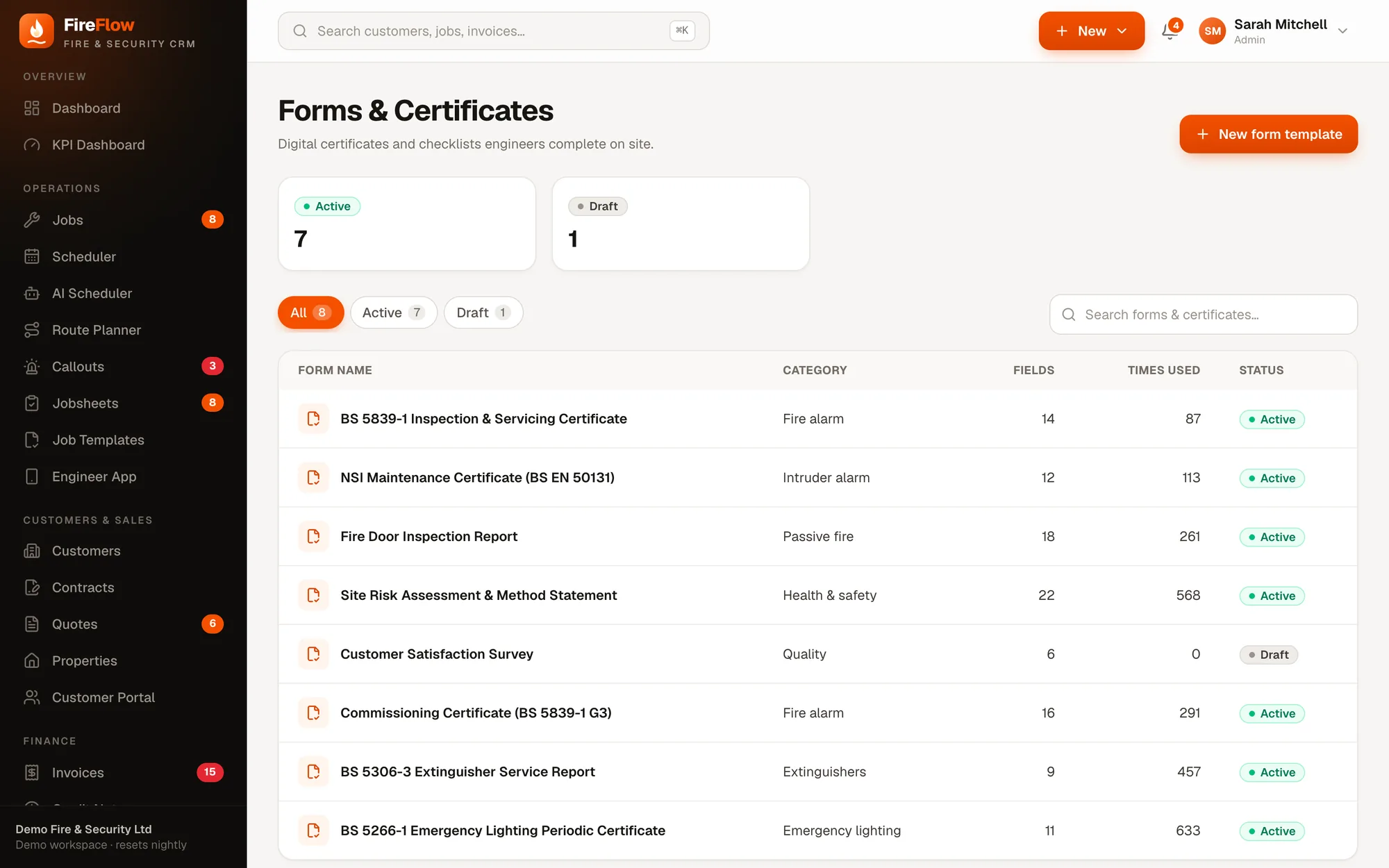 Forms & certificates screen in FireFlow