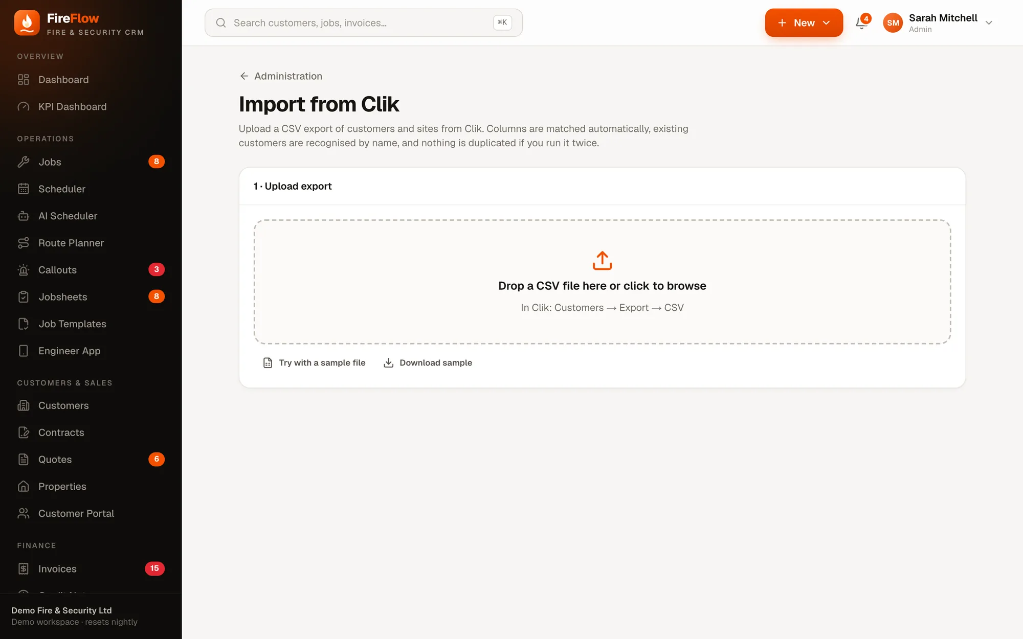 Import from Clik screen with CSV upload