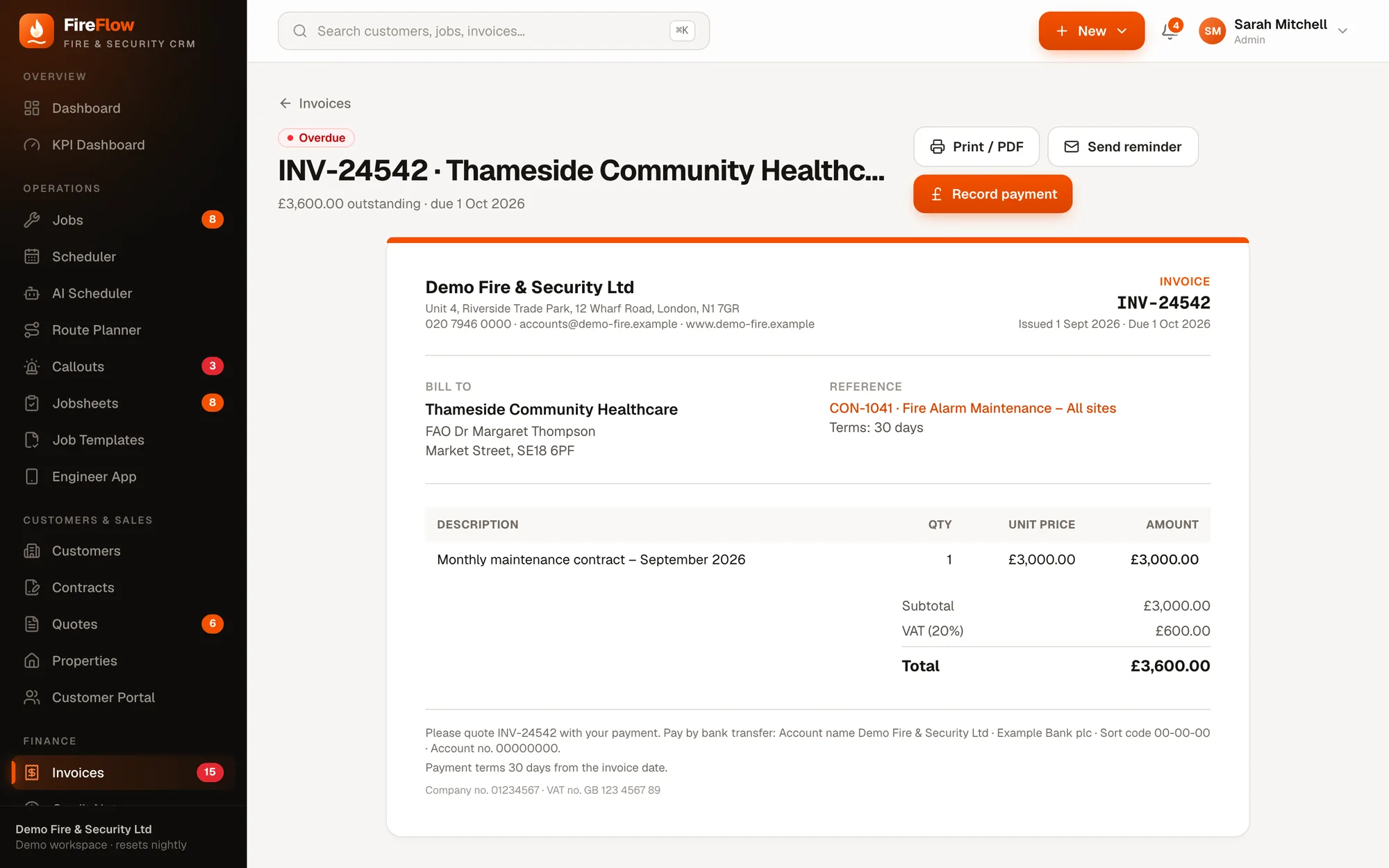 Invoice INV-24542 for a monthly maintenance contract