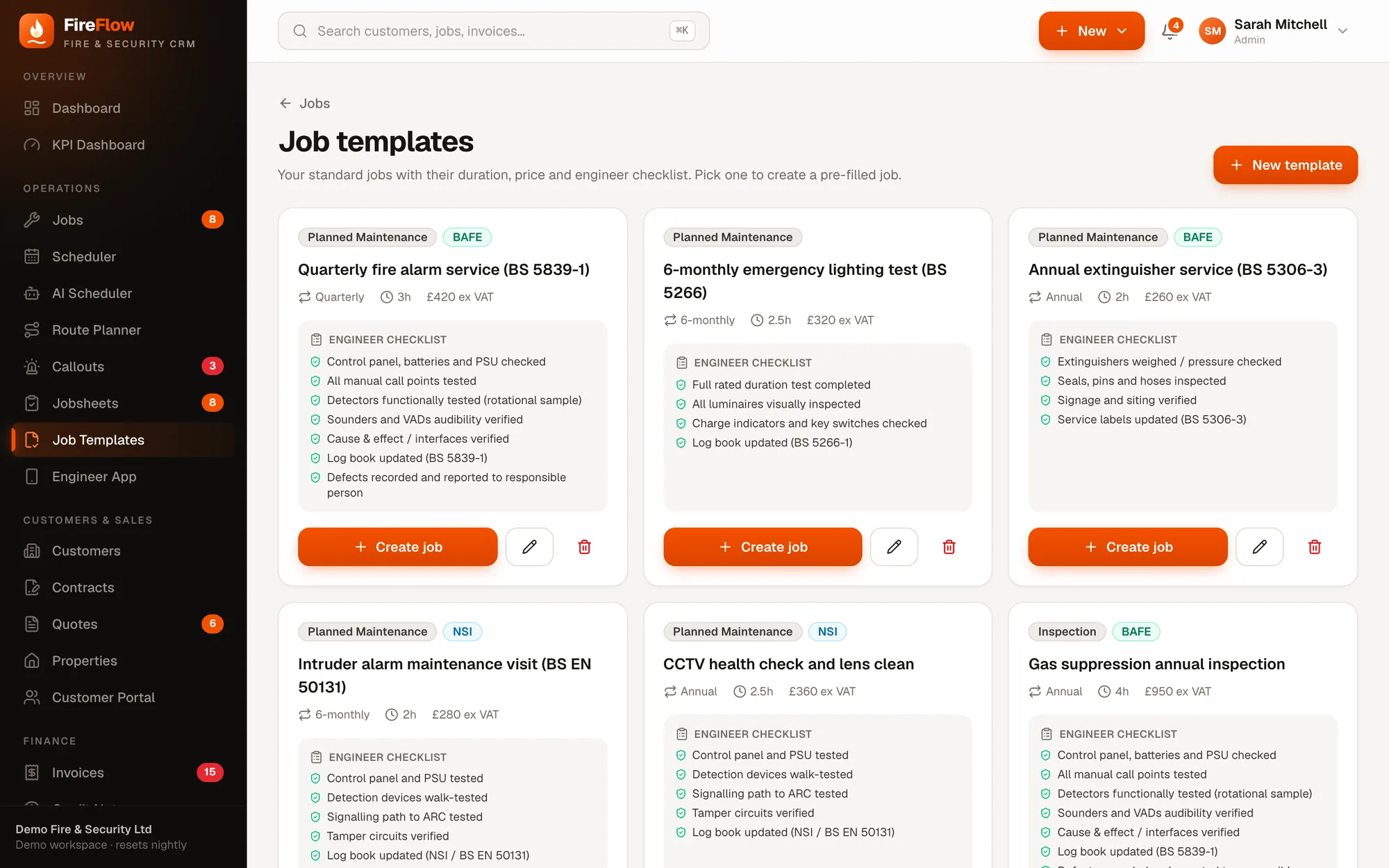 Job templates with engineer checklists