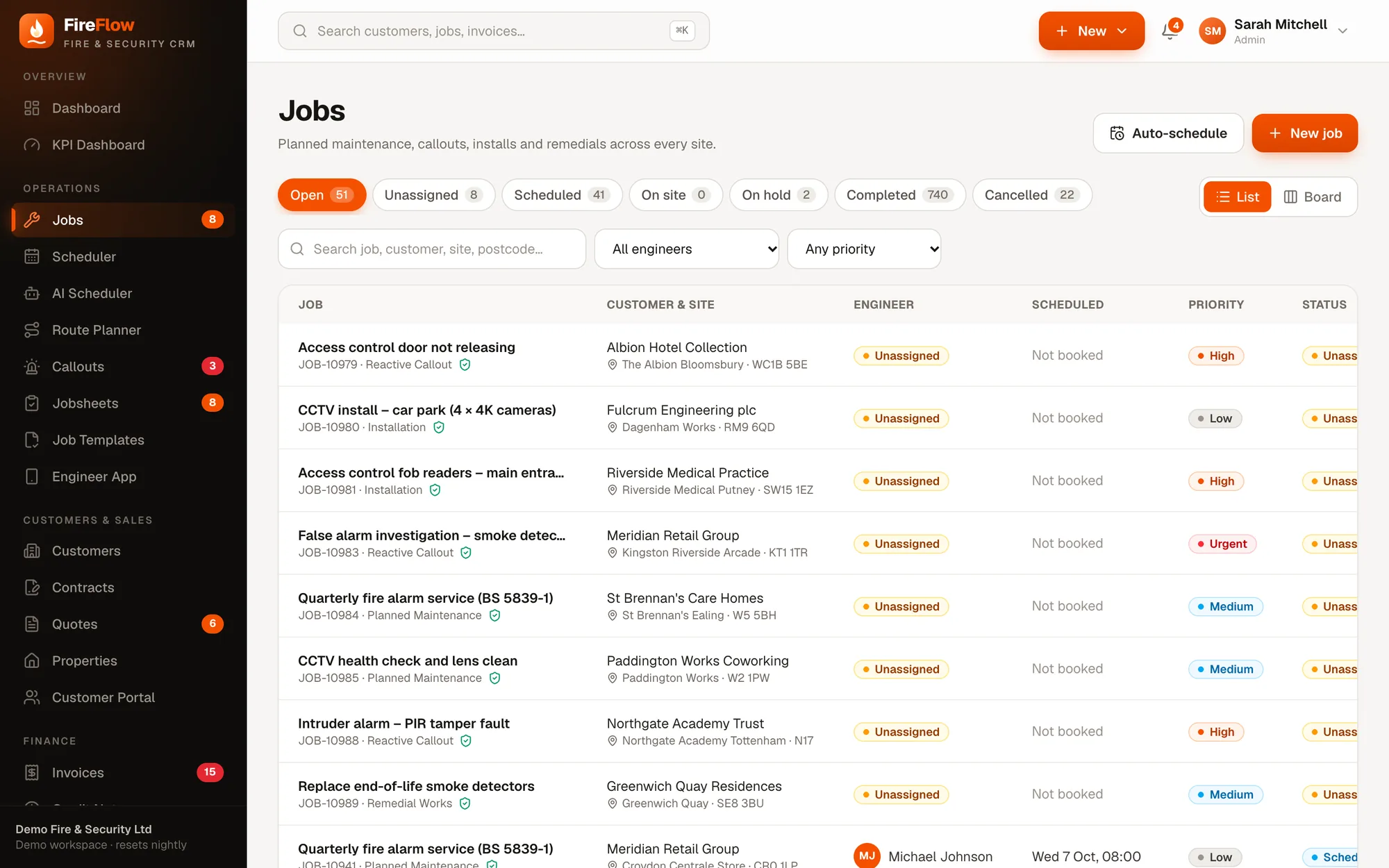 Jobs screen in FireFlow