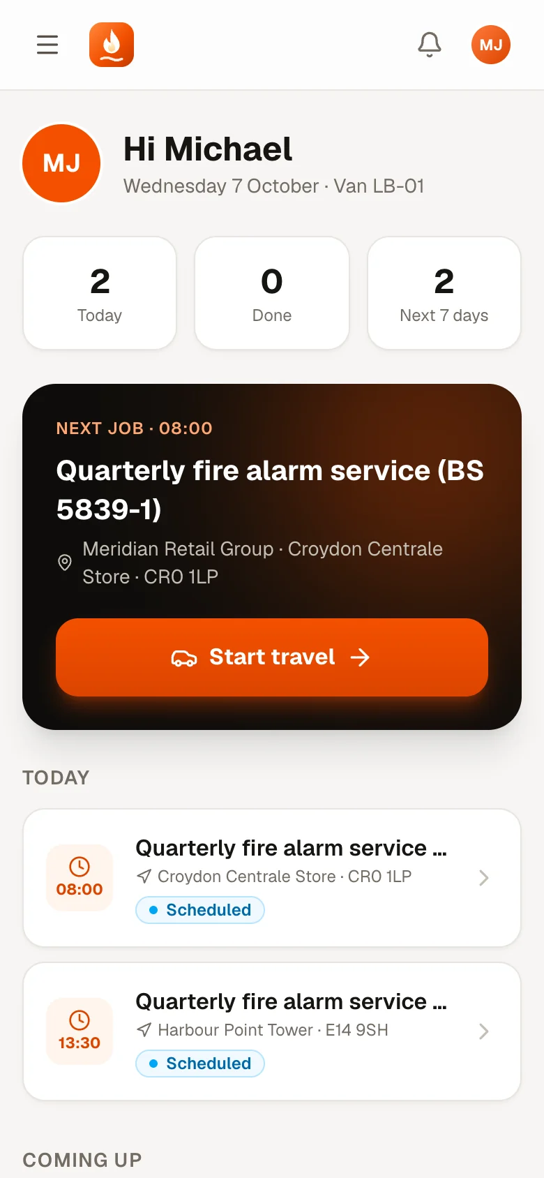The engineer's My Jobs screen on a phone
