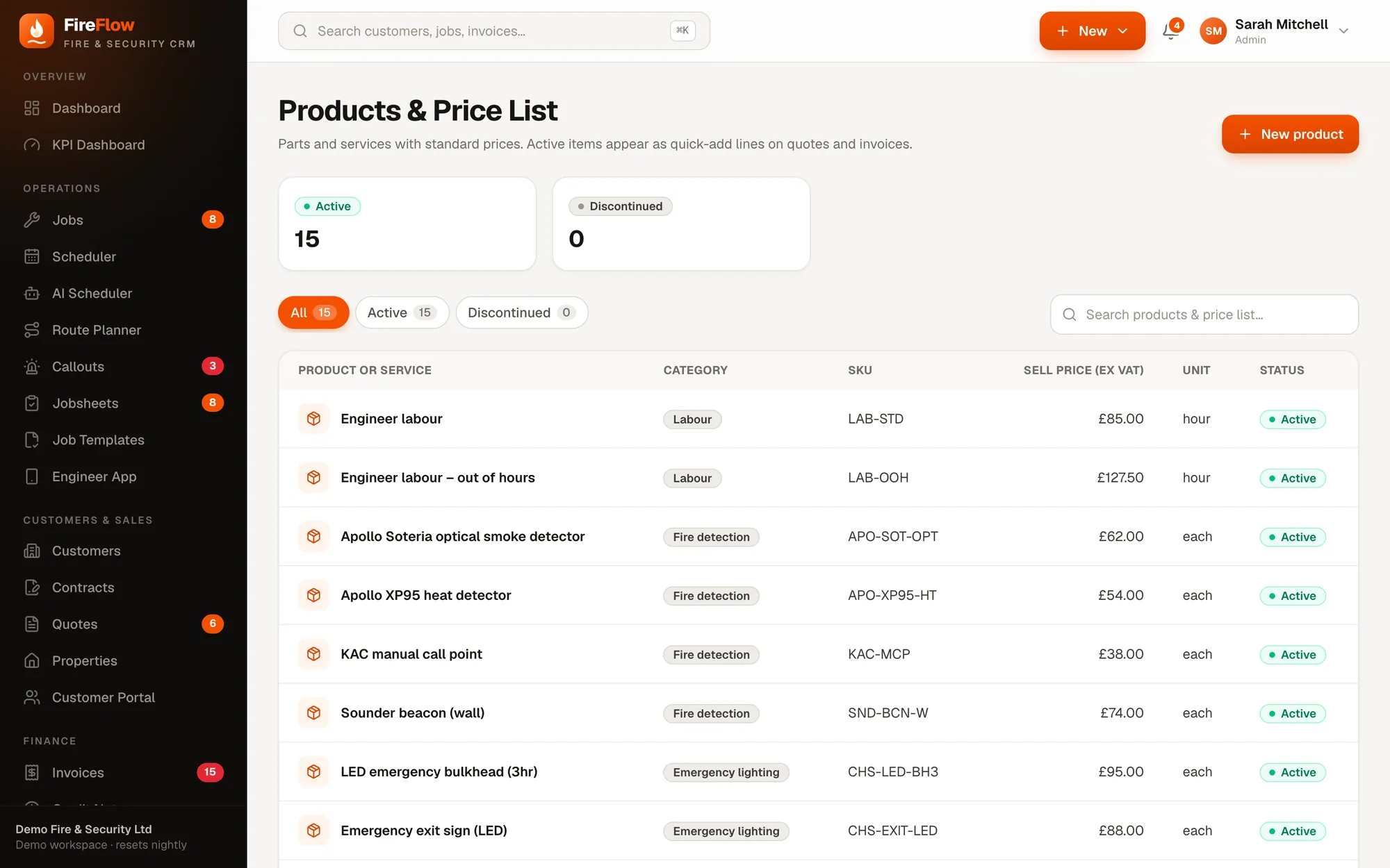 Price list screen in FireFlow