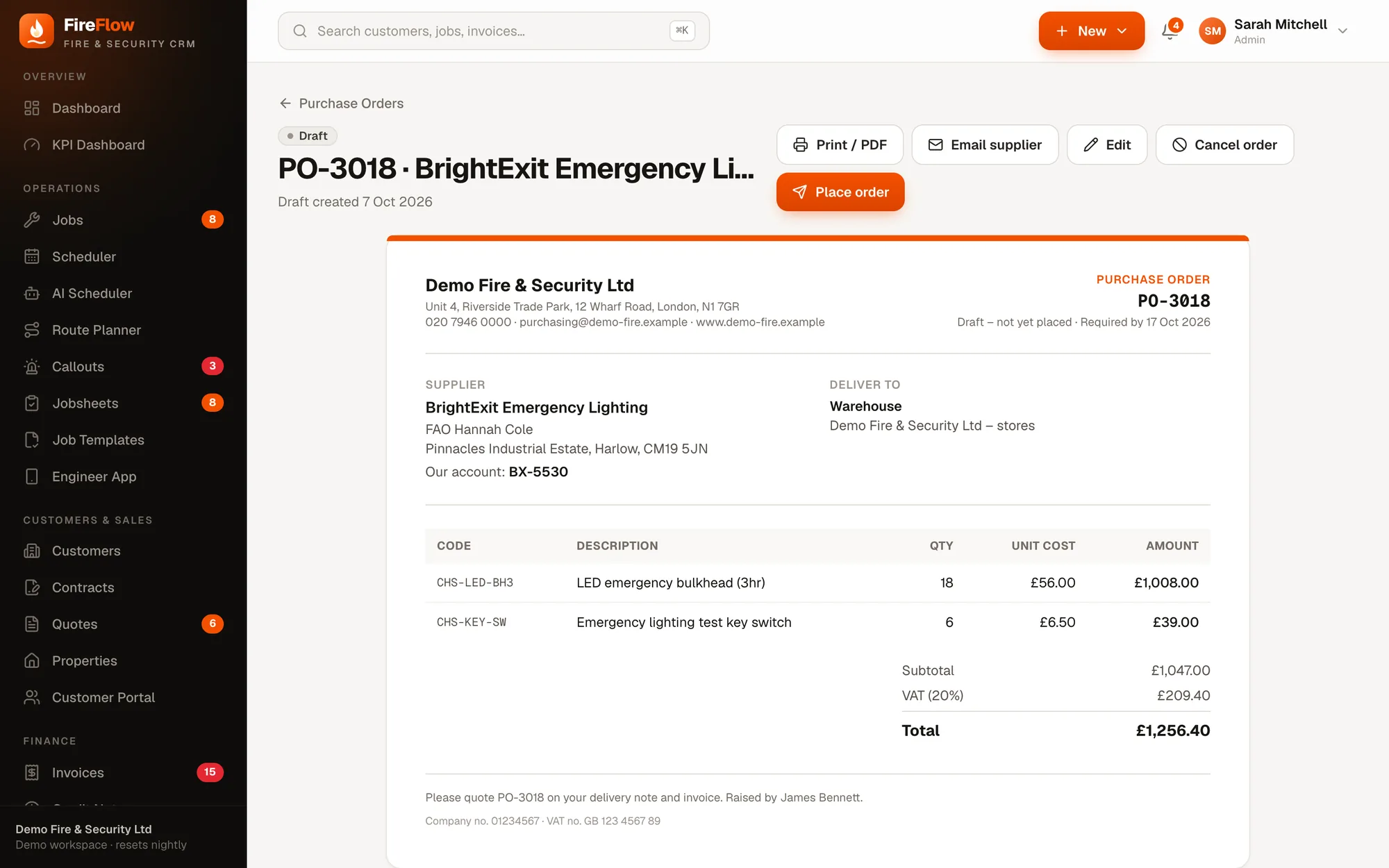 Purchase order screen in FireFlow