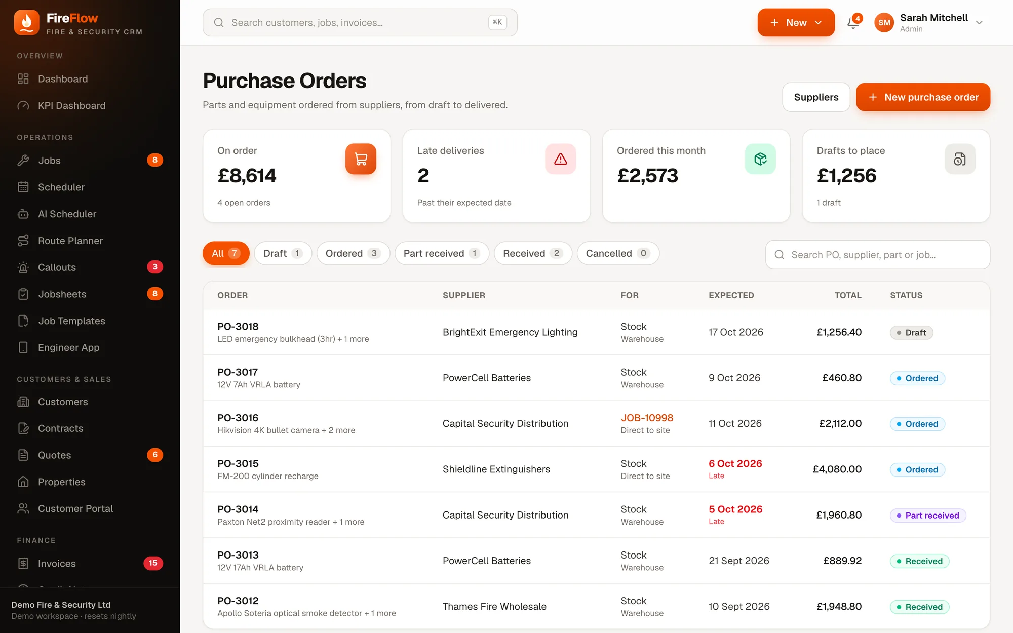 Purchase orders screen in FireFlow