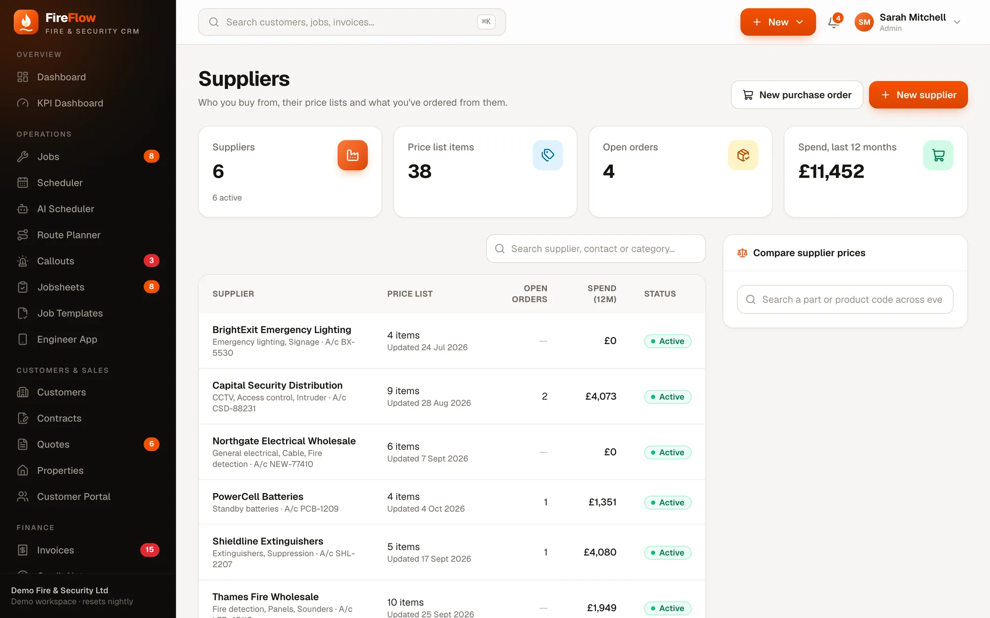 Suppliers screen in FireFlow